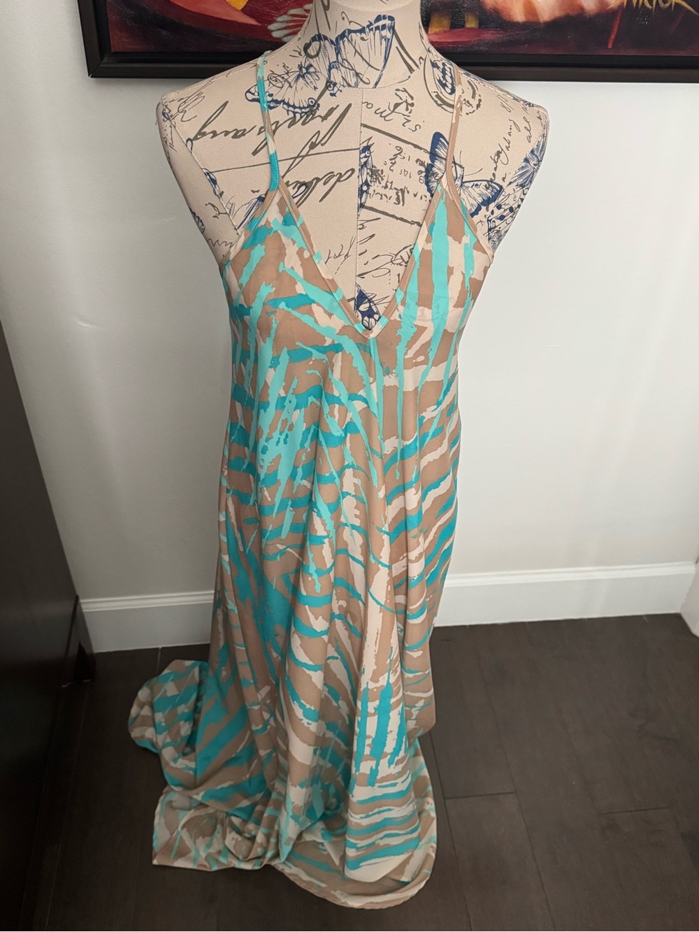 Sleeveless V-Neck Maxi Dress in Turquoise and Tan Abstract Stripe